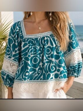NWT Boho Cottagecore Turquoise & White Crochet Lace Peasant Linen Tunic Top